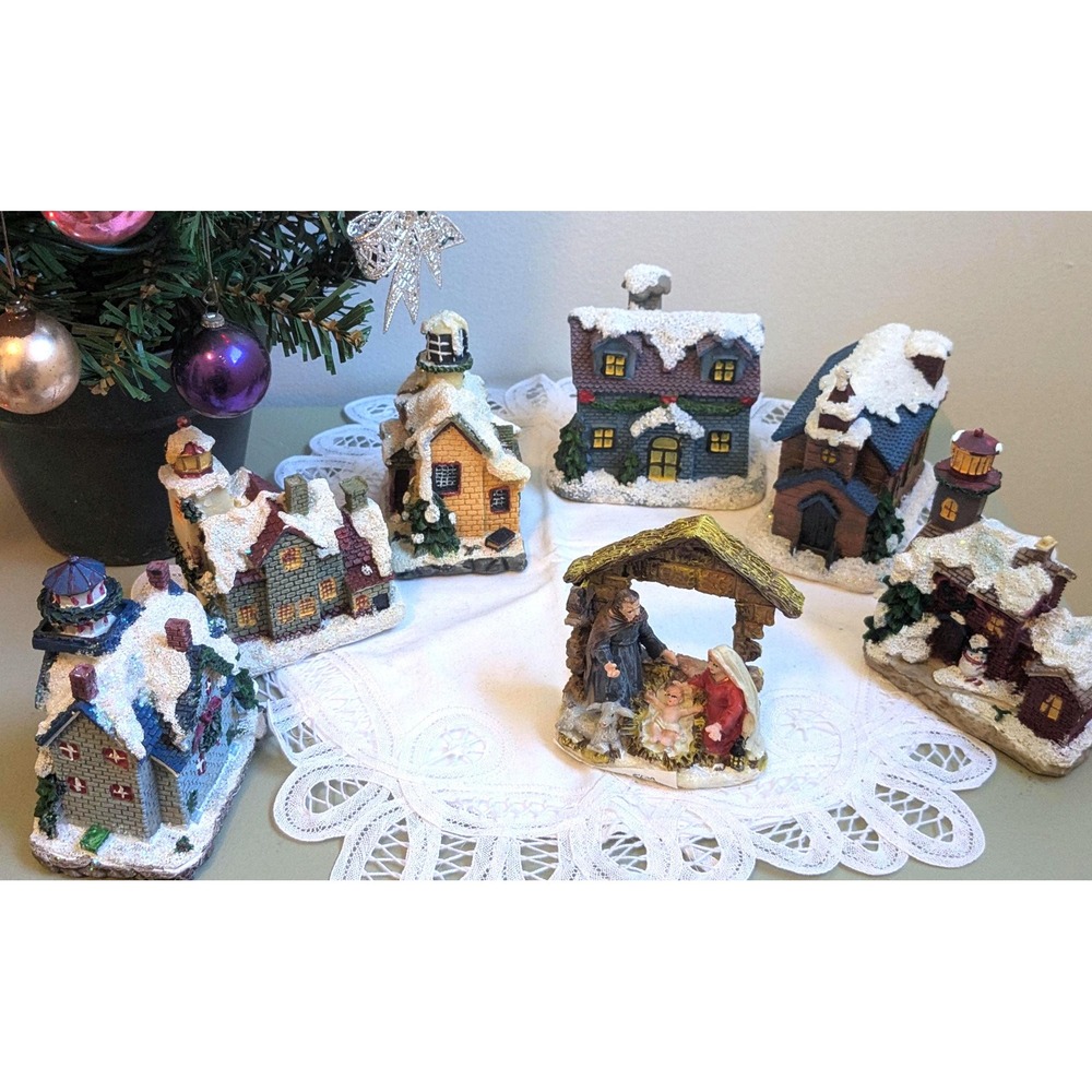 Vintage Christmas Village Miniatures Set of 7 | Snow Covered Houses & Nativity